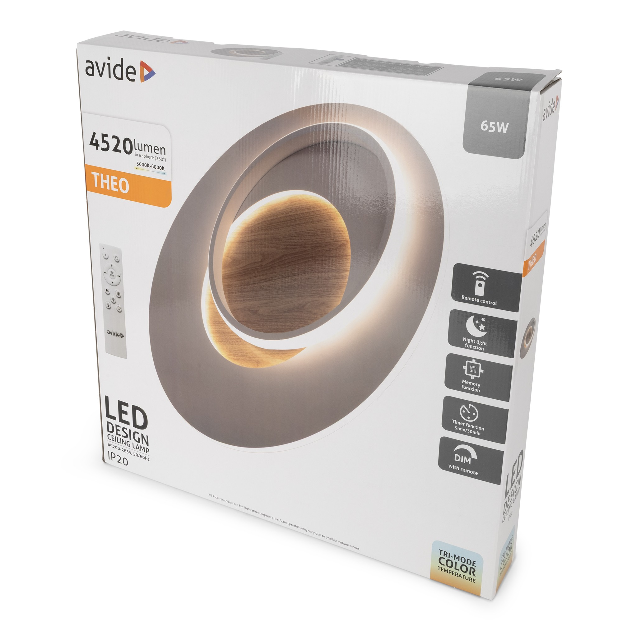 Avide Theo LED mennyezeti lámpa doboza távirányítóval, 4520 lumen, 65W.
