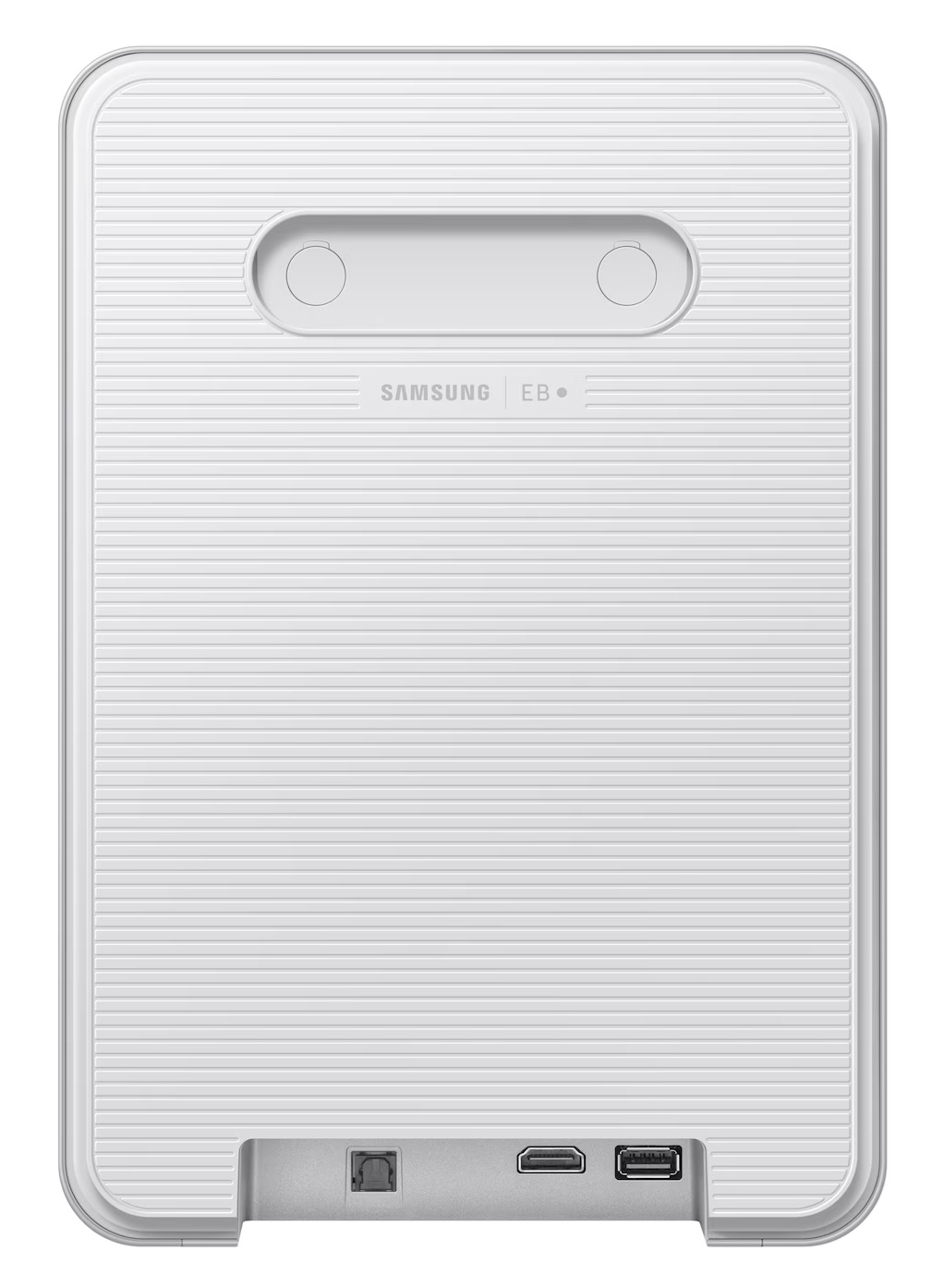 Białe pudełko Samsung EB z prążkowaną teksturą i portami na dole.
