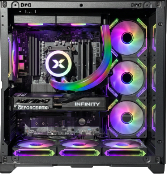 Ein geöffneter PC mit RGB-Beleuchtung und Wasserkühlung.