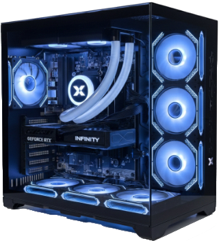 Ein Gaming-PC mit blauer LED-Beleuchtung und sichtbaren Komponenten.