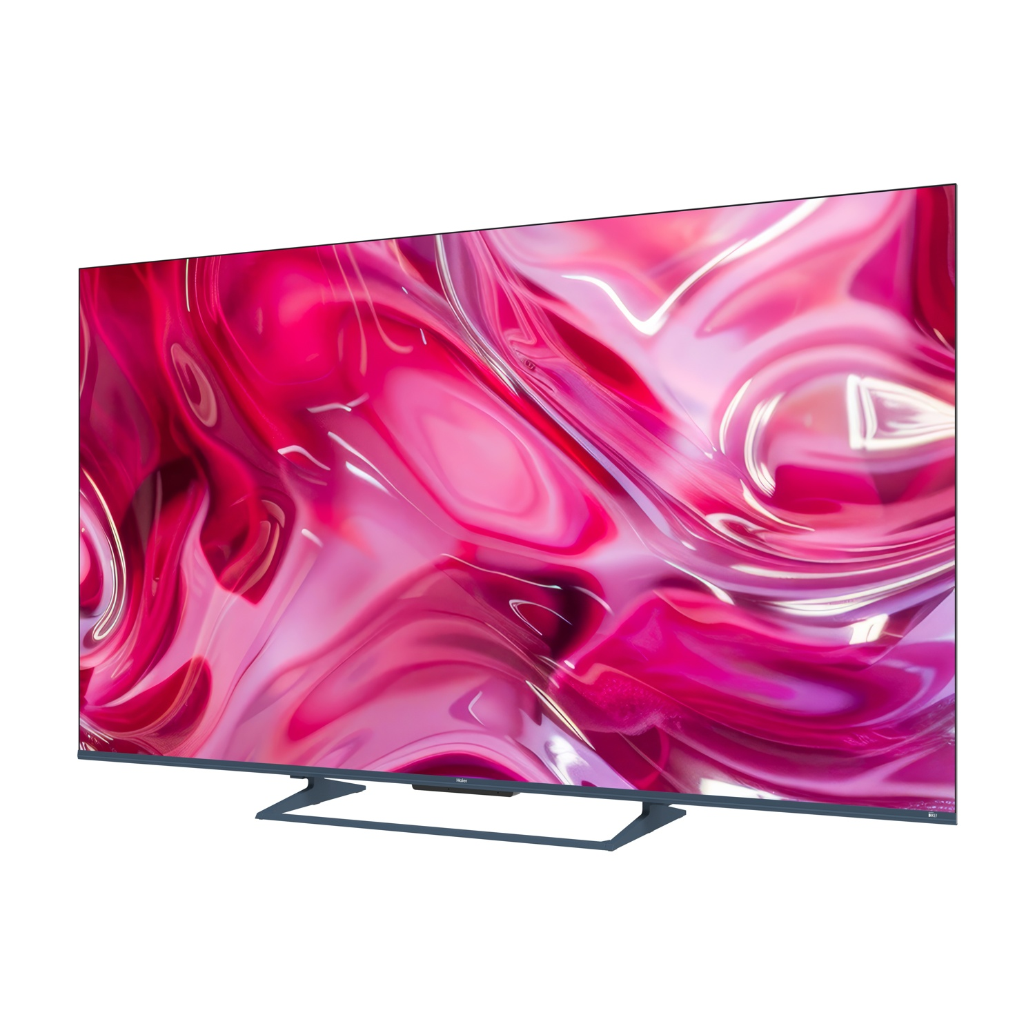 Una TV moderna a schermo piatto con motivo astratto vorticoso sui toni del rosa e del rosso.