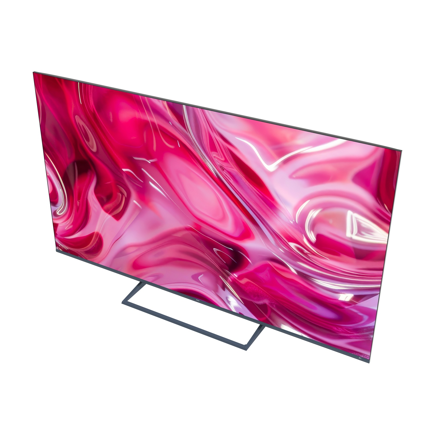 Un televisore moderno con un motivo astratto rosa e bianco sullo schermo.