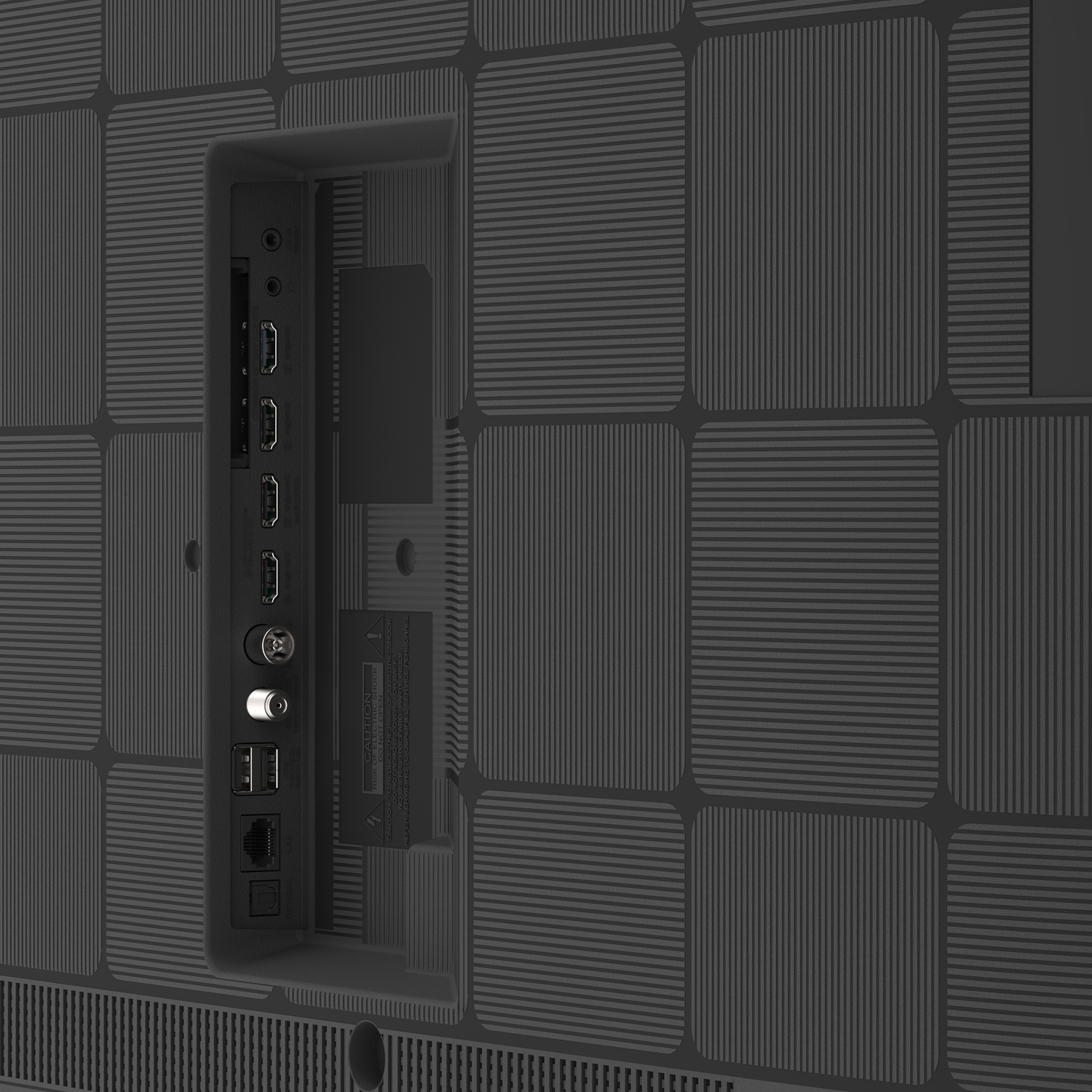 Retro di una TV con porte come HDMI, USB ed Ethernet.