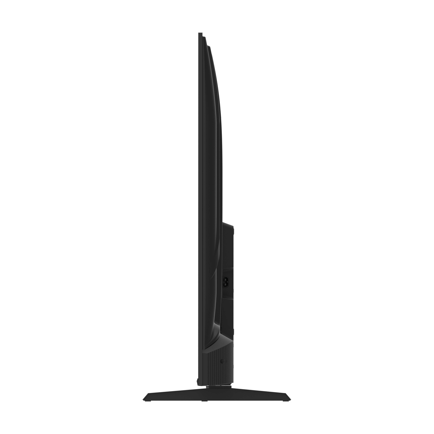 Vista laterale di un televisore nero con cornice sottile su un supporto.