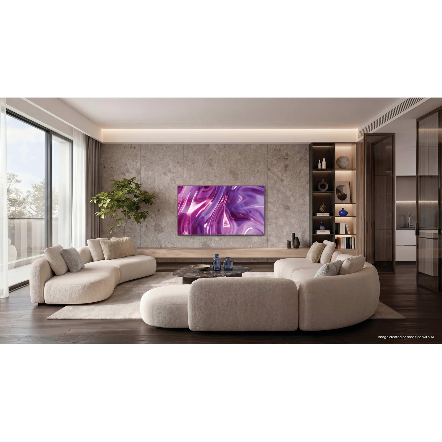 Un soggiorno moderno con divano angolare color crema, TV e pianta.
