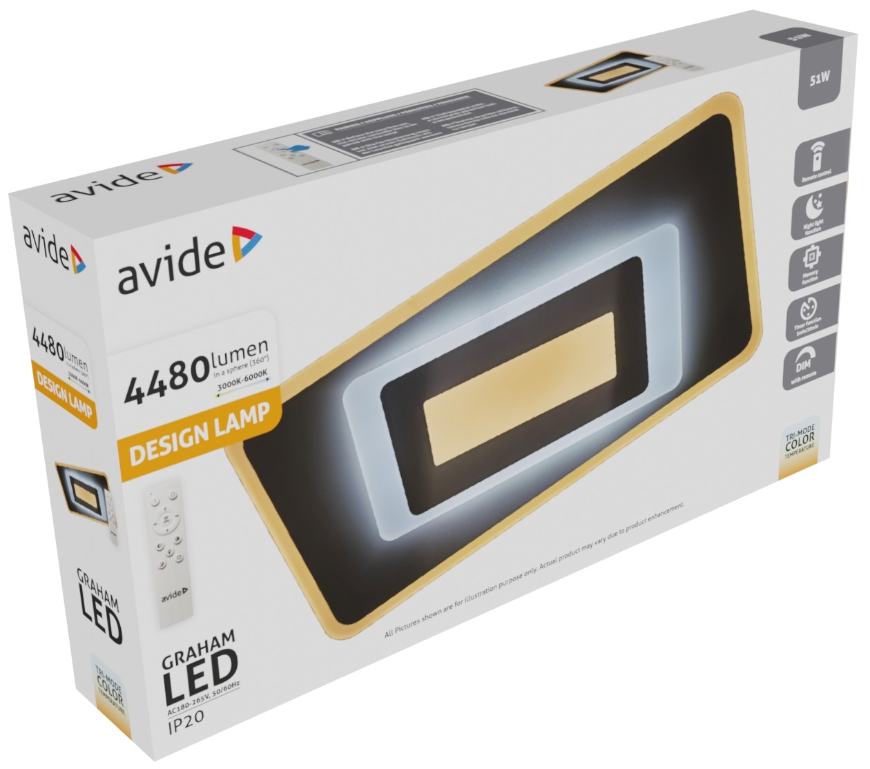 Avide Graham LED dizájn lámpa doboza, 51W, 4480 lumen, távirányító.
