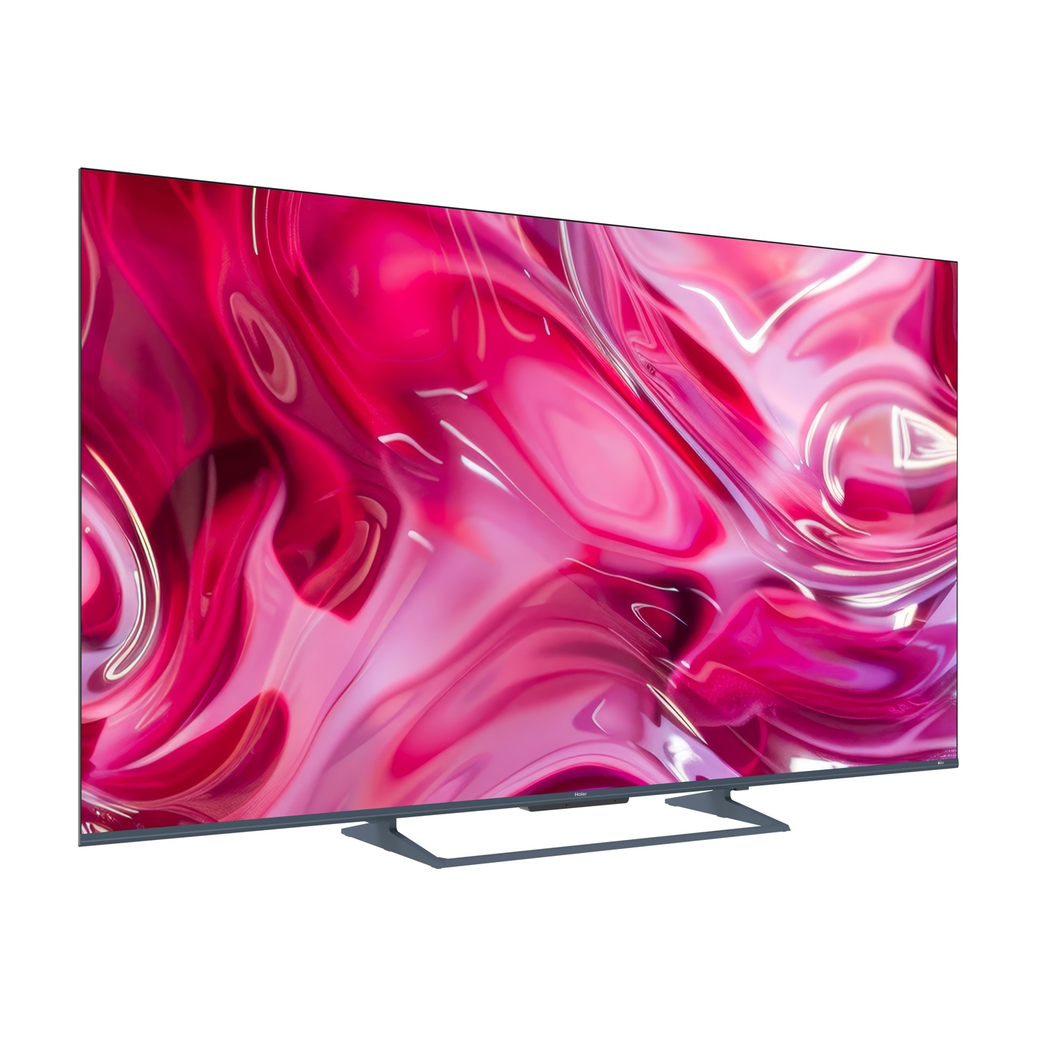 Un televisore moderno con uno schermo che mostra un motivo dinamico e fluido nei toni del rosa e del rosso.