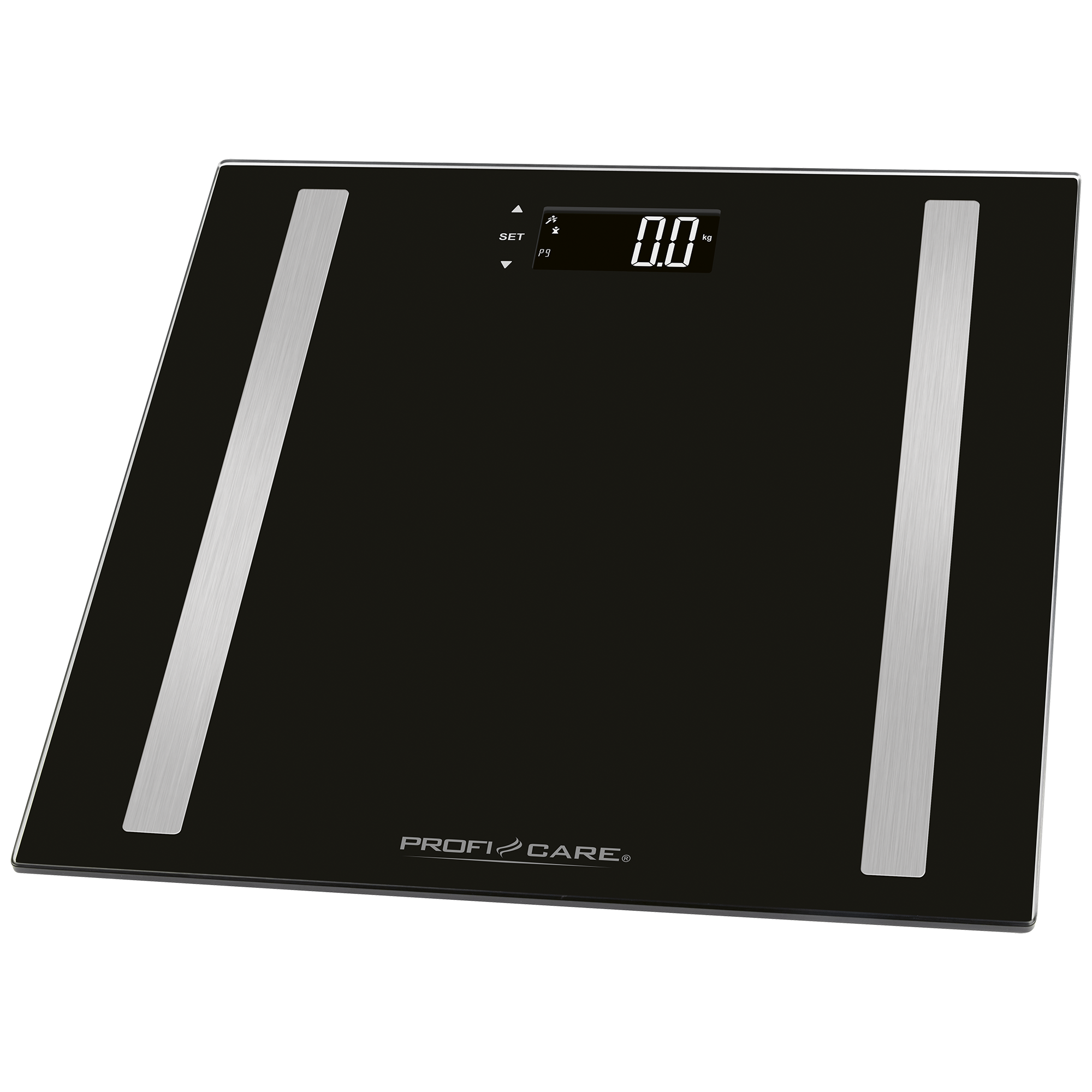 Schwarze Personenwaage aus Glas mit digitaler Anzeige von 0,0 kg.