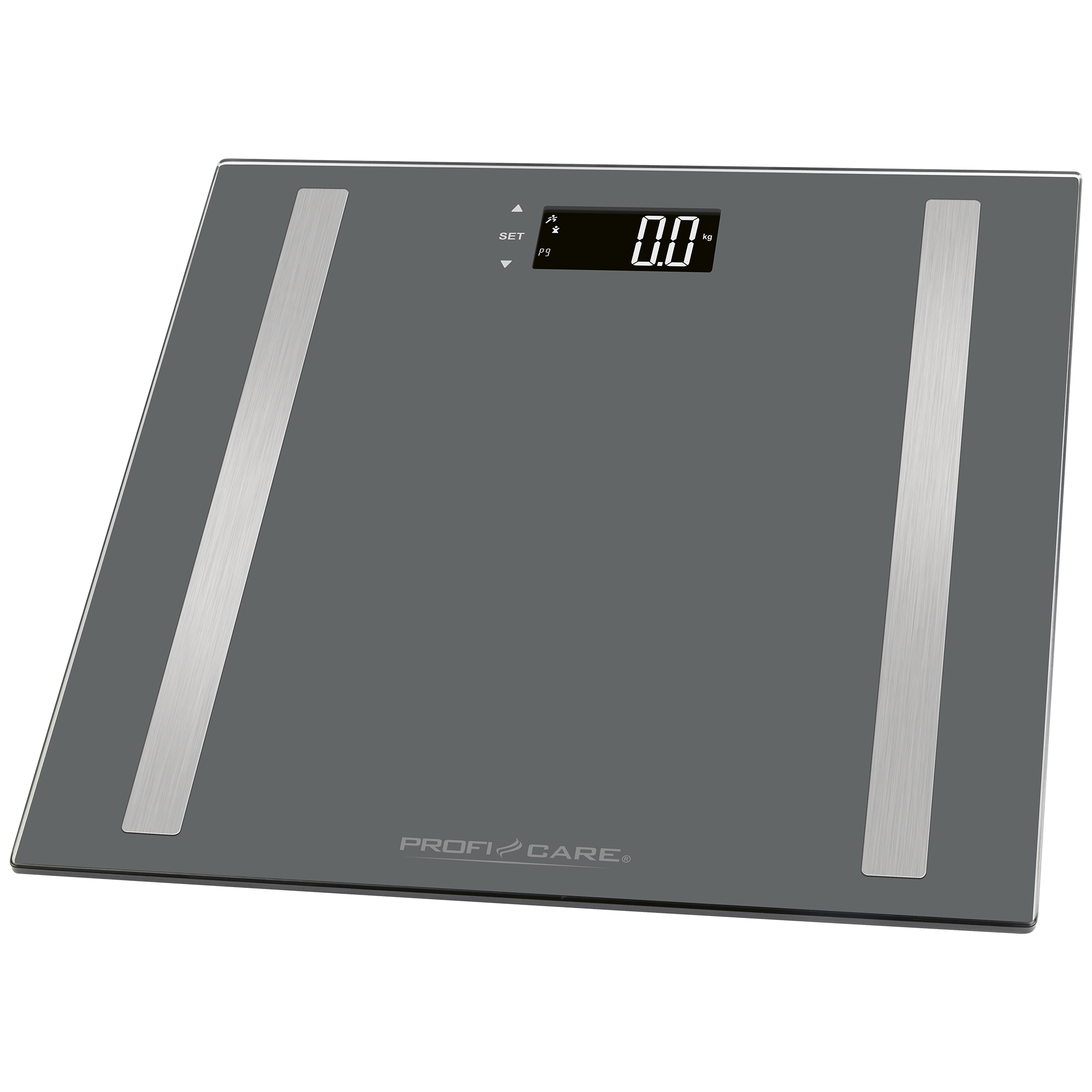 Graue Personenwaage mit silbernen Streifen und digitaler Anzeige 0.0 kg.