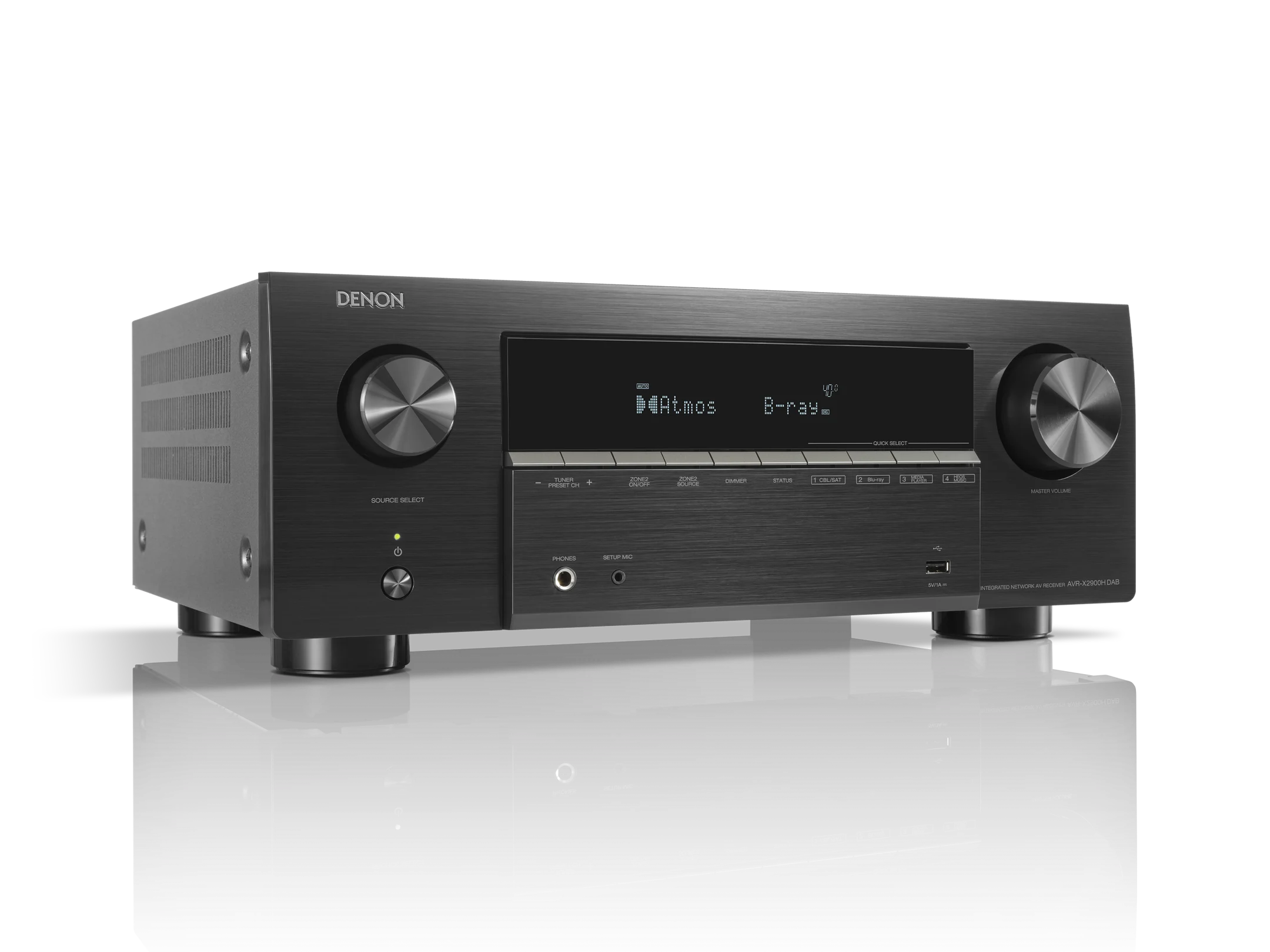 Schwarzer Denon AV-Receiver mit silbernen Drehreglern und Display.