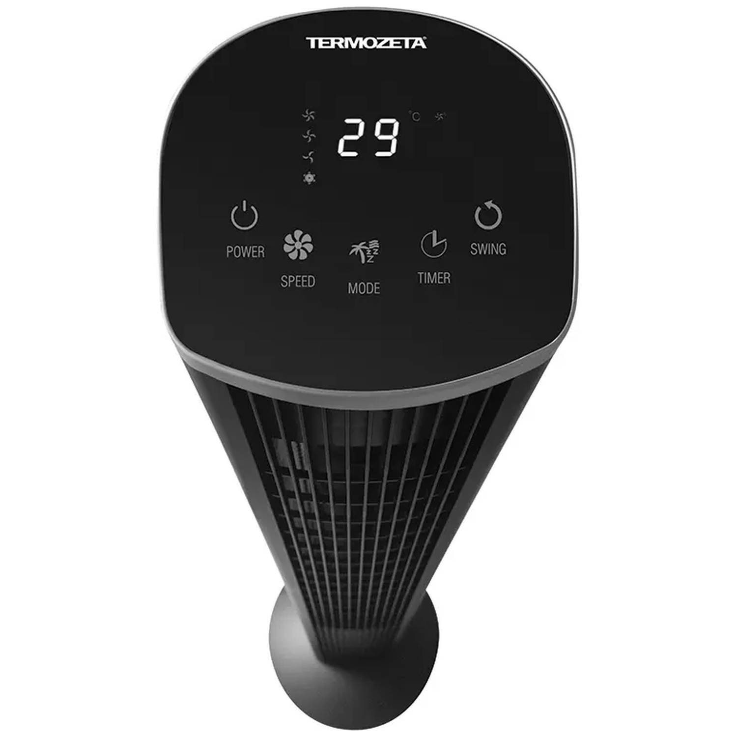 Zwarte torenventilator met digitaal display dat 29 graden toont.