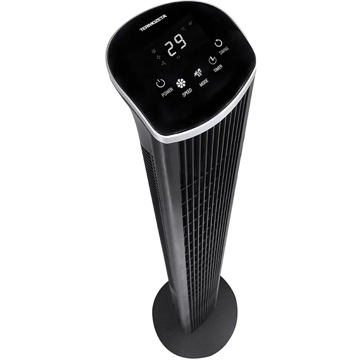 Een zwarte torenventilator met digitaal display en knoppen.