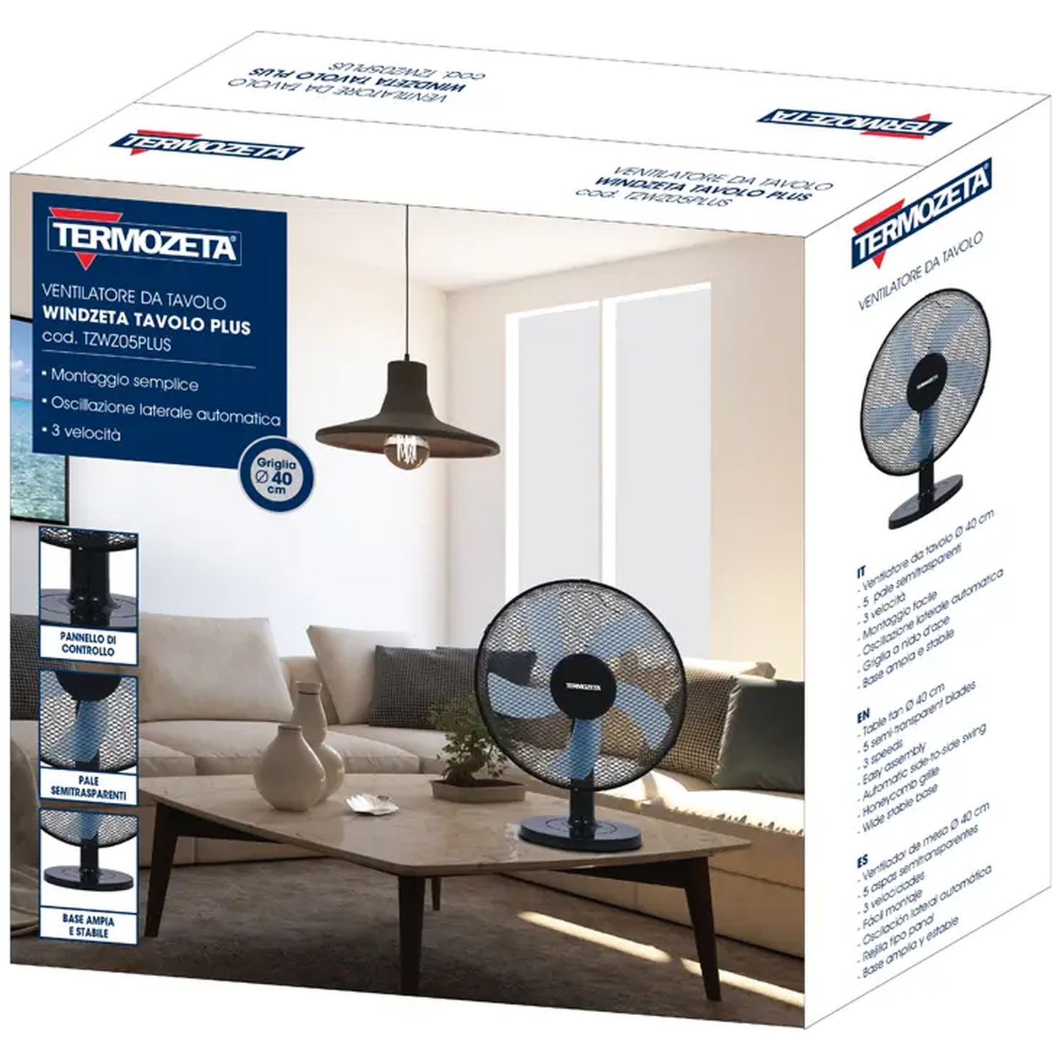 Packaging of a table fan with a 40cm grille, shown in a living room setting.