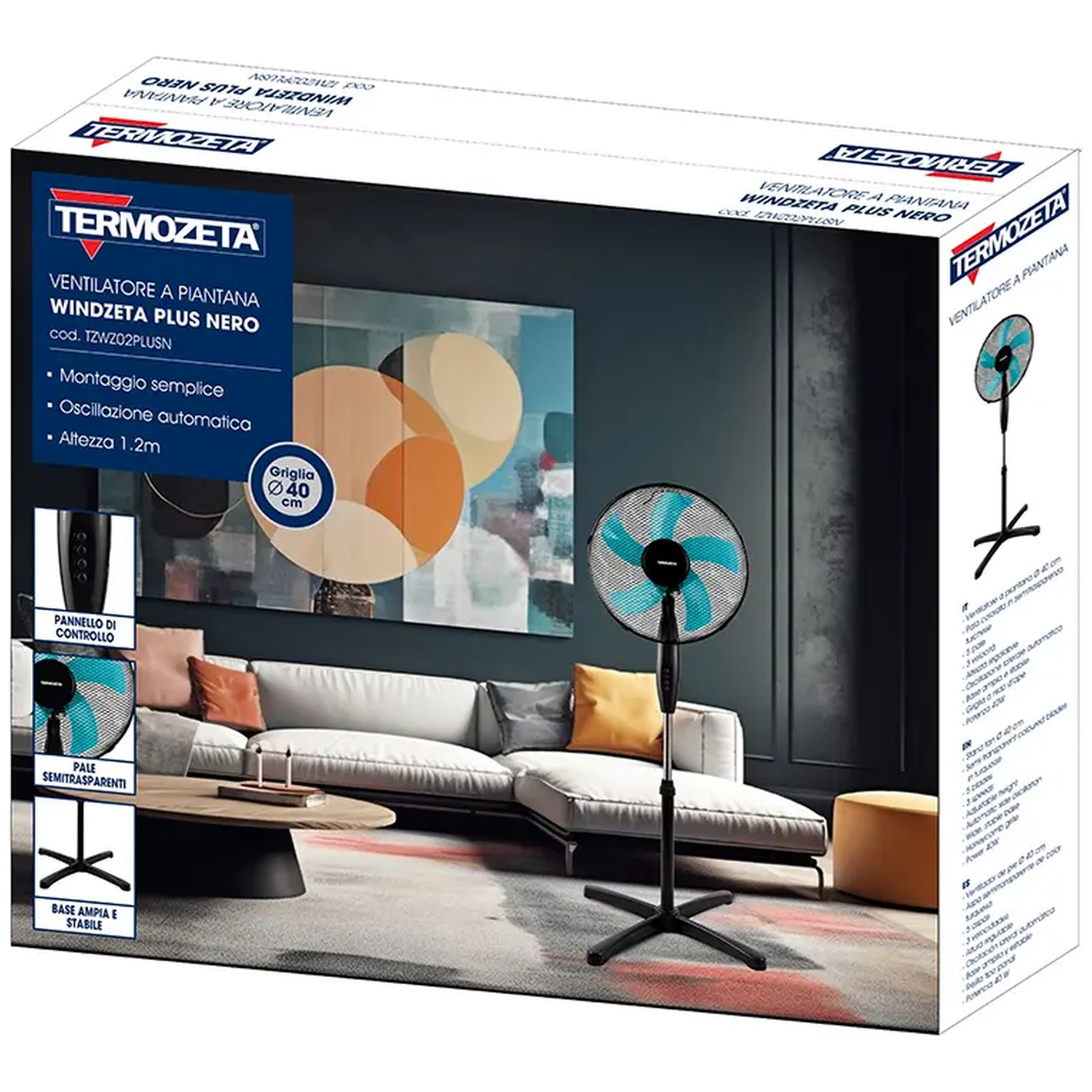 Packaging of a black stand fan with blue accents and infographics.