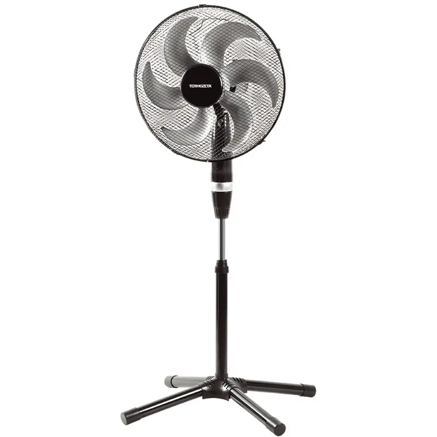 A black standing fan with a round grill and three blades.