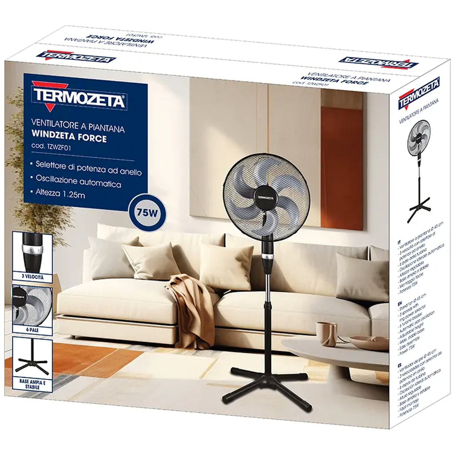 Product packaging for a standing fan, showing brand logo, product image and details.