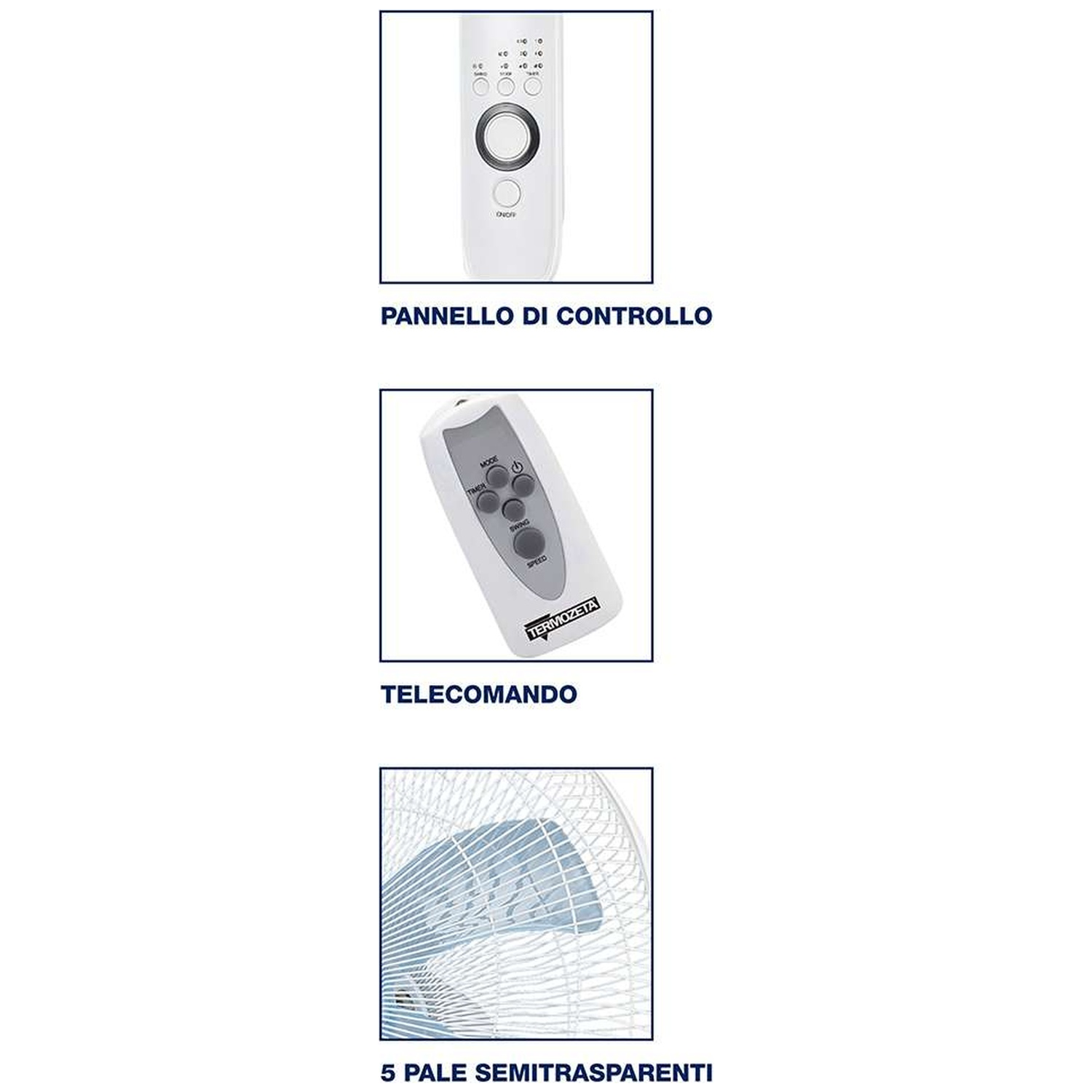 White control panel with buttons and a round button. Next to it, a remote control. Below, semi-transparent fan blades.