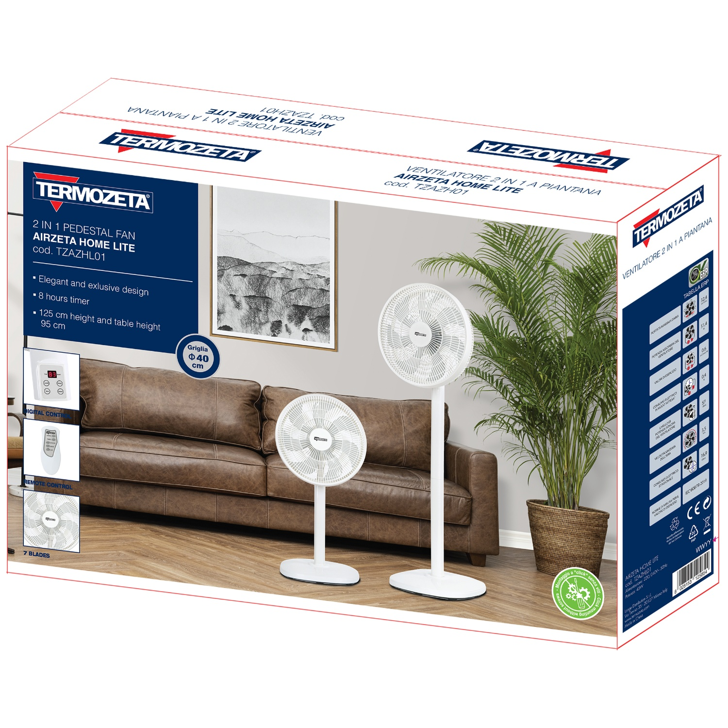 Een witte Termozeta 2-in-1 staande en tafelventilator staat naast een bruine leren bank.