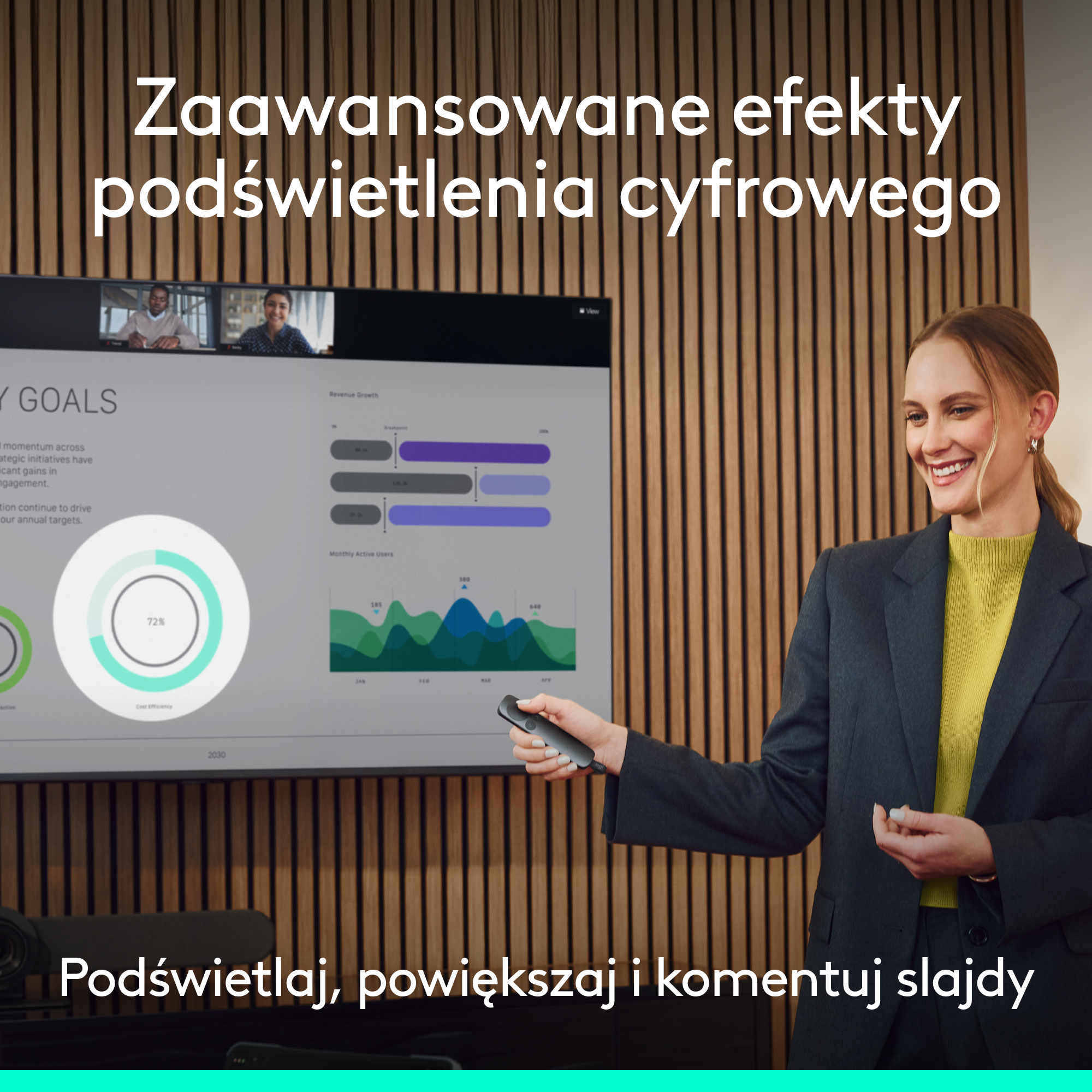 Kobieta trzyma pilot przed ekranem z wykresami i tekstem.