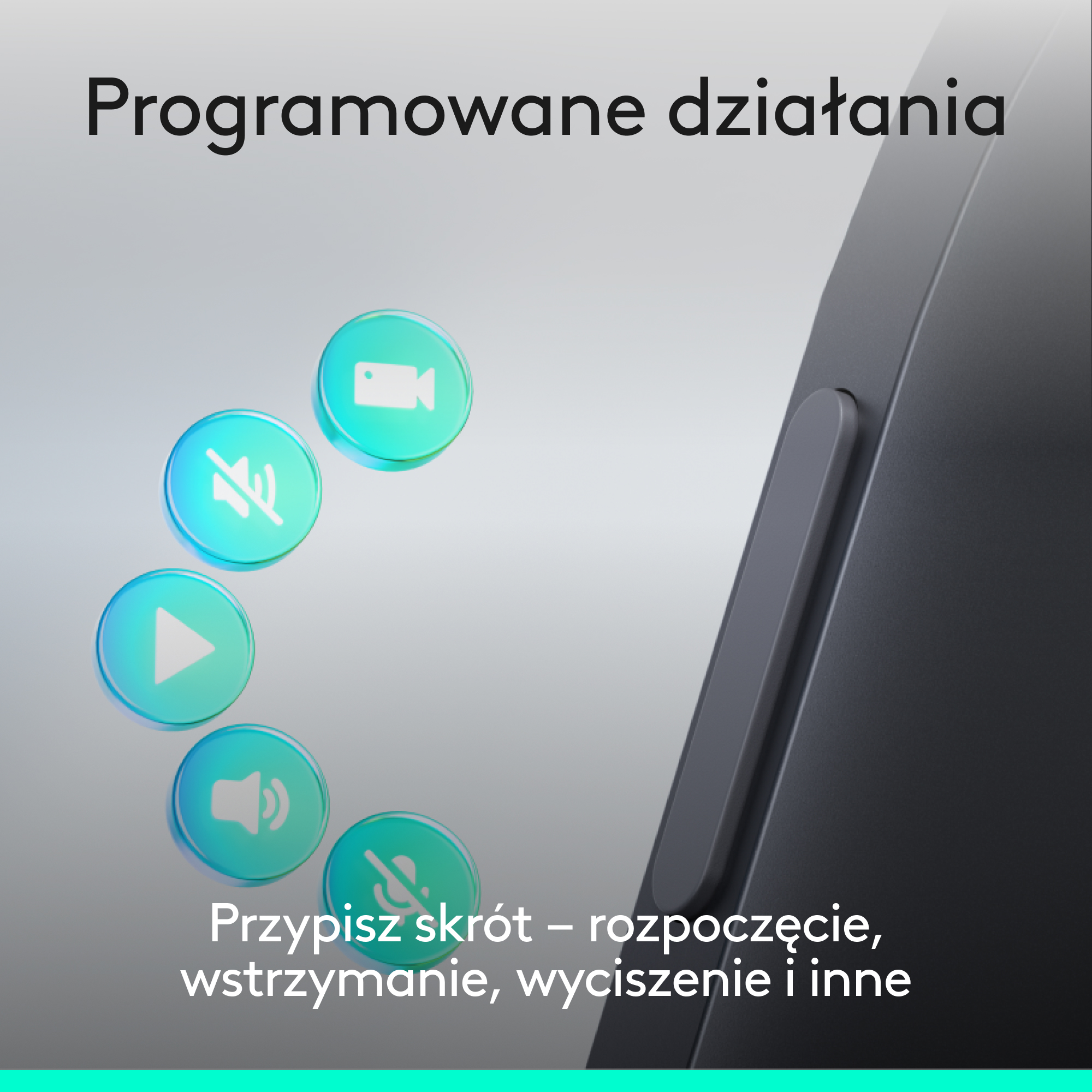 Programowalne akcje: ikony wideo, wycisz, odtwórz, głośność, mikrofon wyłączony.