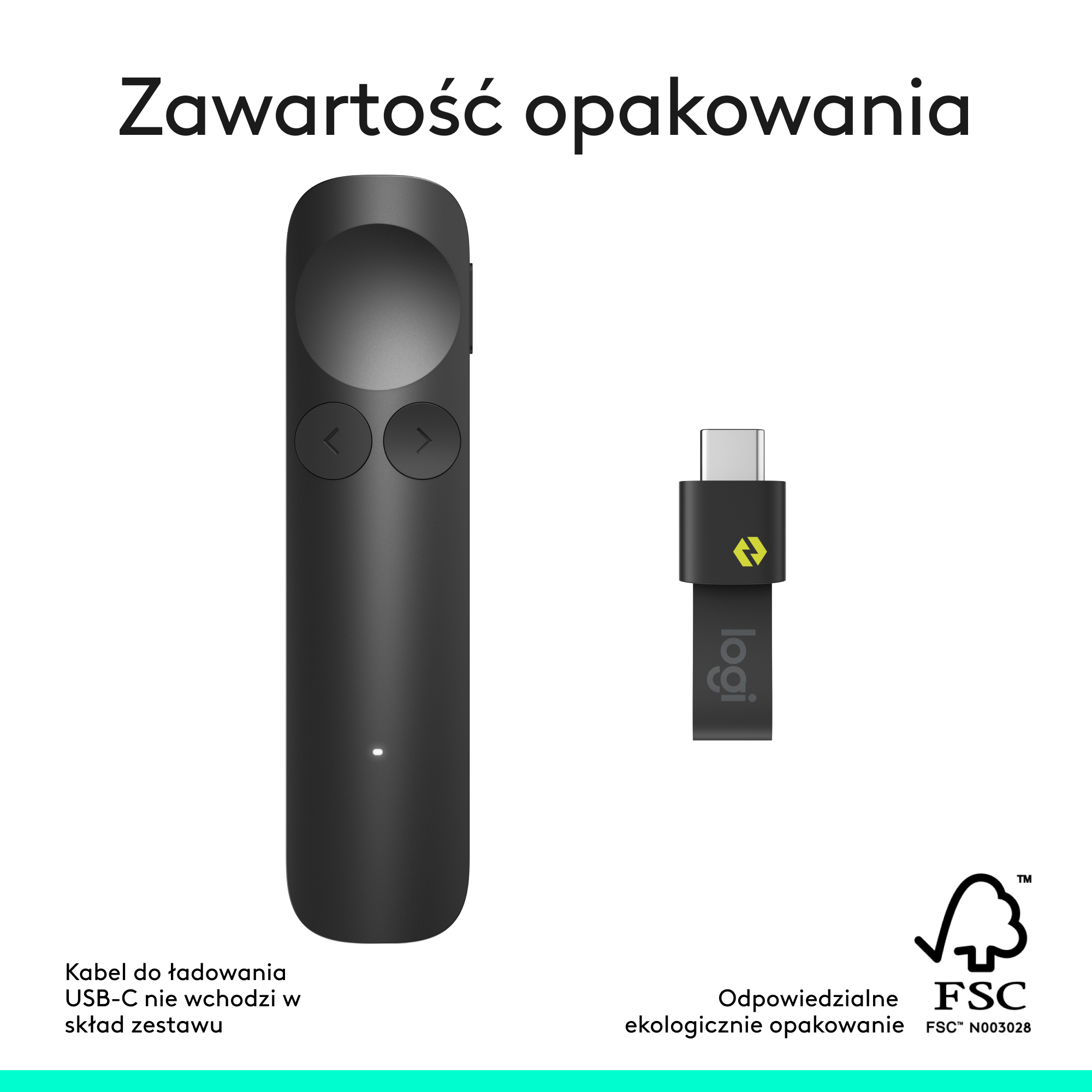 Czarny prezenter Logitech i odbiornik USB-C na białym tle.