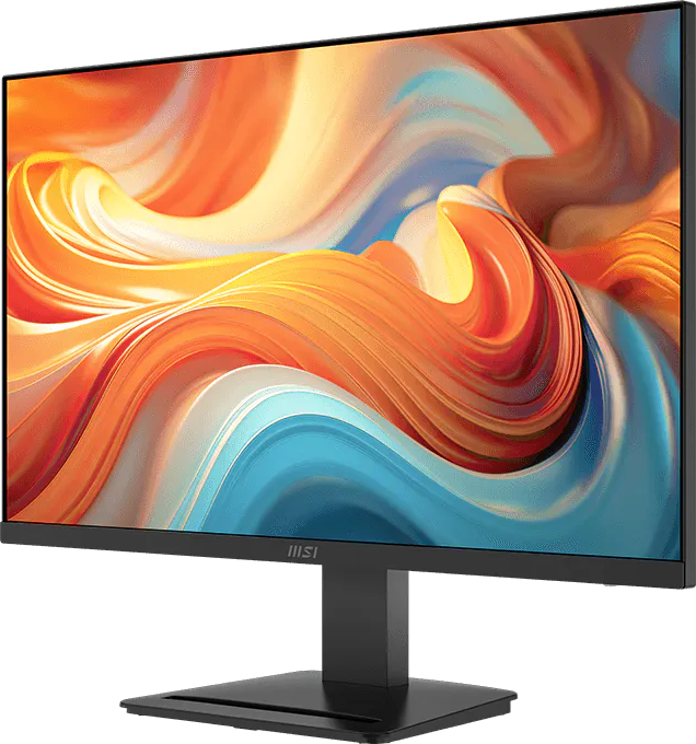 Egy fekete MSI monitor színes, absztrakt háttérképpel.