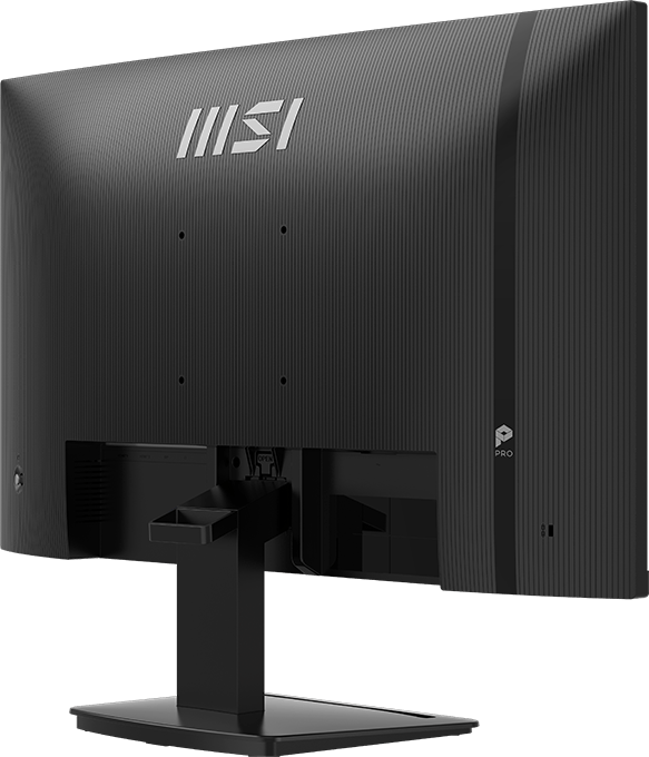 Egy fekete MSI monitor hátulnézete állvánnyal és portokkal.