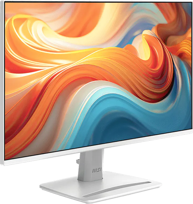 Egy fehér MSI monitor elegáns talppal, élénk narancssárga és kék absztrakt hullámokat jelenít meg a képernyőjén.