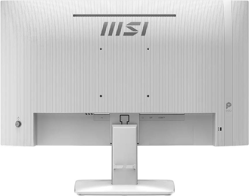Fehér MSI monitor hátulja csatlakozókkal és logóval.