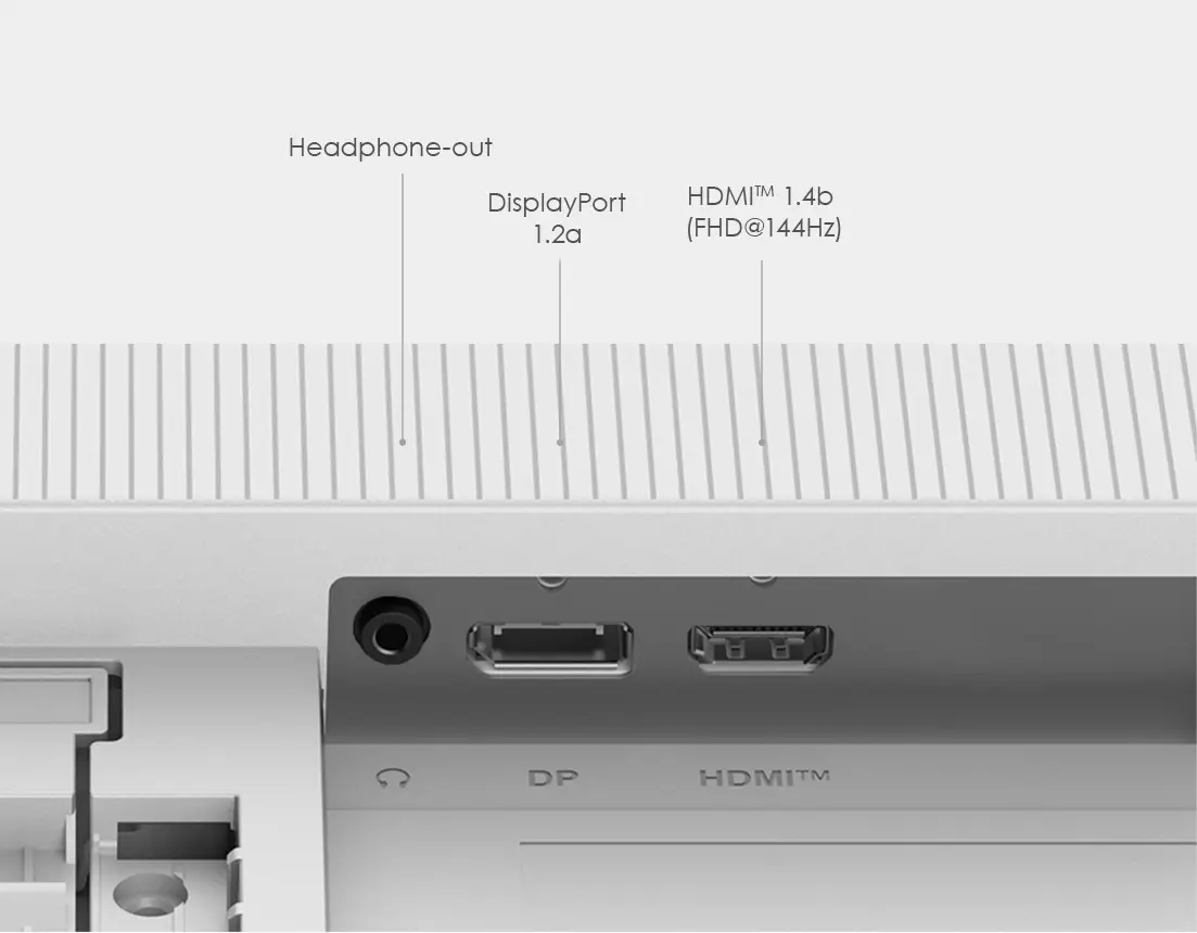 Monitor hátulja csatlakozókkal: fejhallgató, DisplayPort, HDMI.