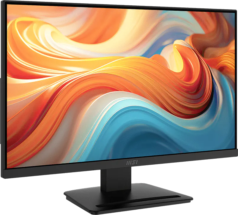 Egy modern fekete számítógép monitor absztrakt, színes háttérképpel.