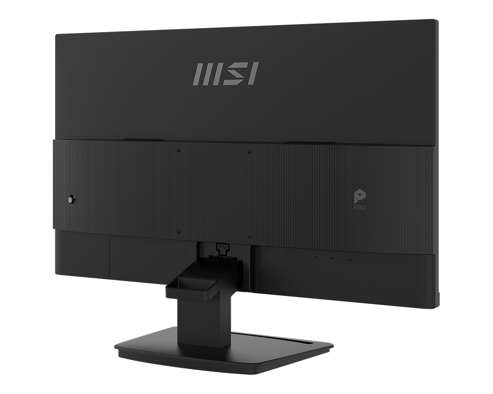 Egy fekete MSI monitor hátulnézete állvánnyal és portokkal.