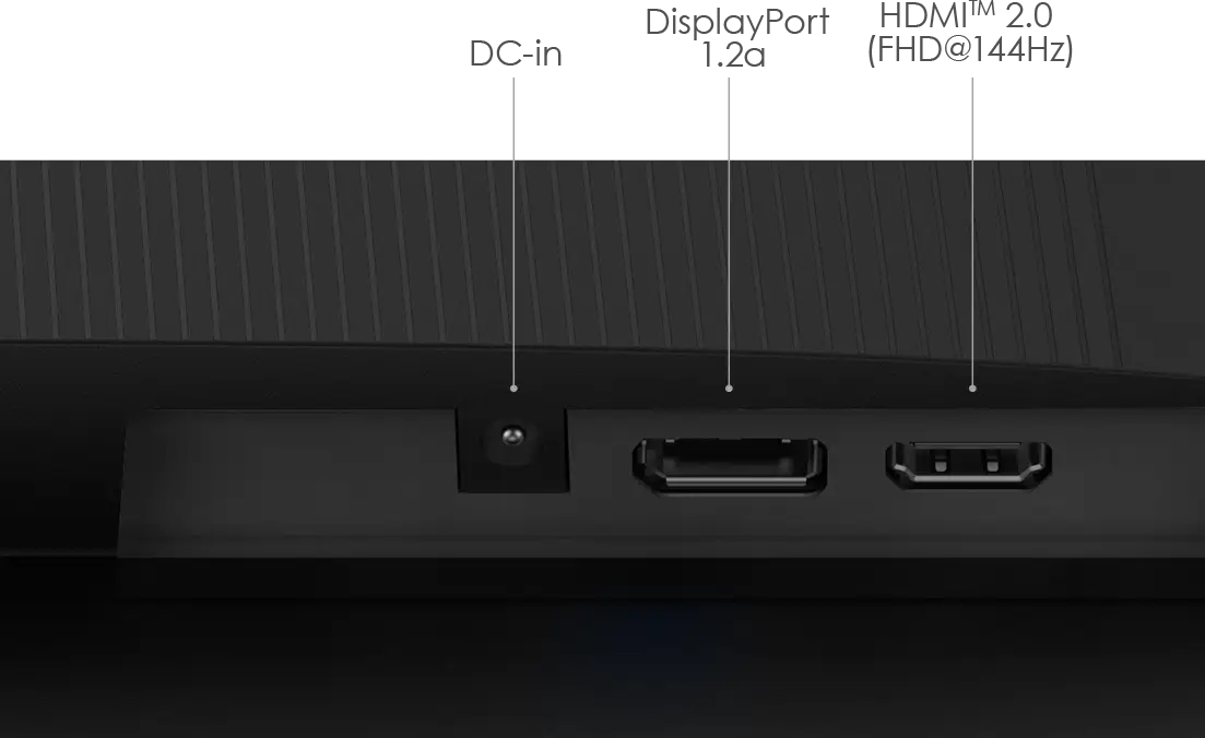Monitor csatlakozó oldala DC-in, DisplayPort és HDMI porttal.