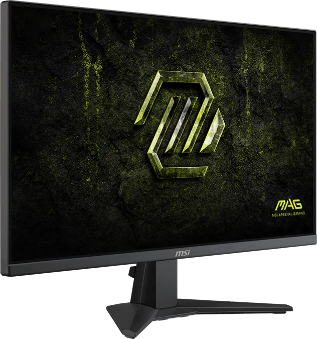 Fekete MSI gamer monitor texturált sötétzöld háttérrel és sárga logóval.
