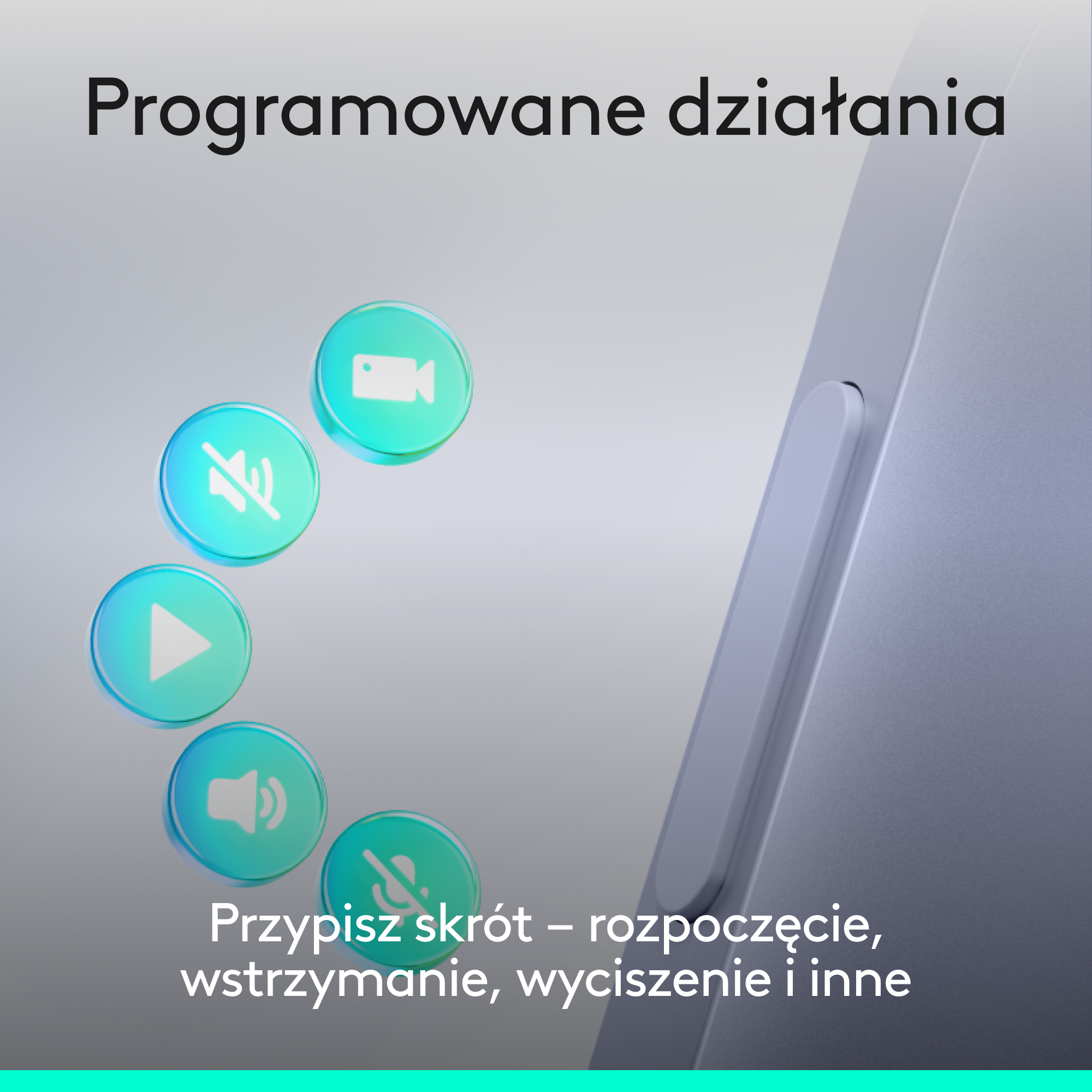 Ikony wideo, wyciszenia, odtwarzania i głośności na szarym tle.