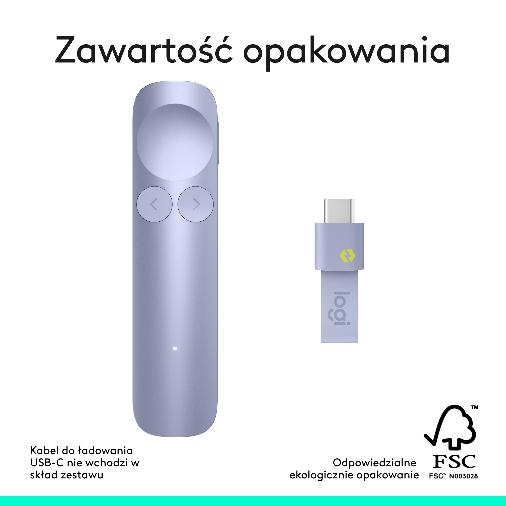 Srebrny prezenter i adapter USB-C z logo Logi leżą obok siebie.