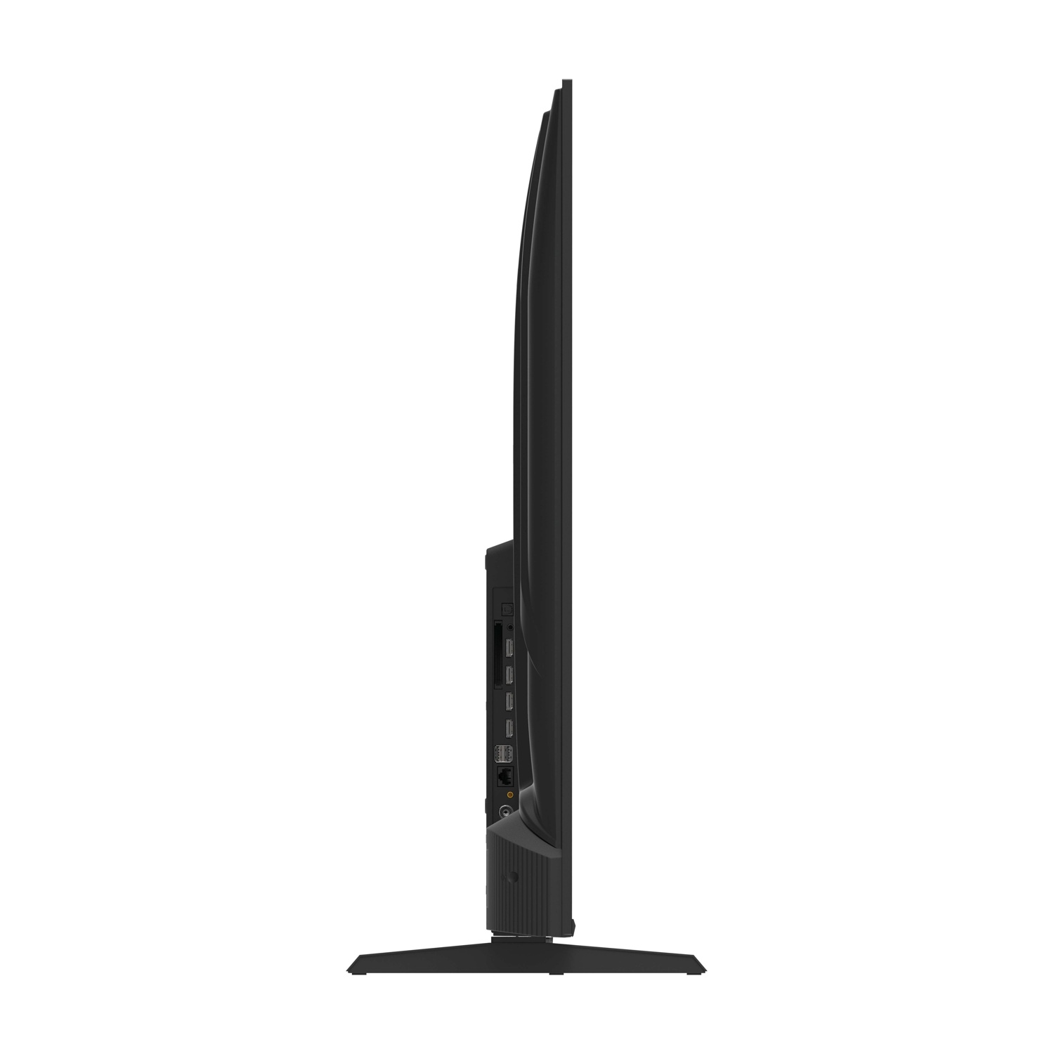 TV nero di profilo che mostra le porte sul retro. Supporto visibile.
