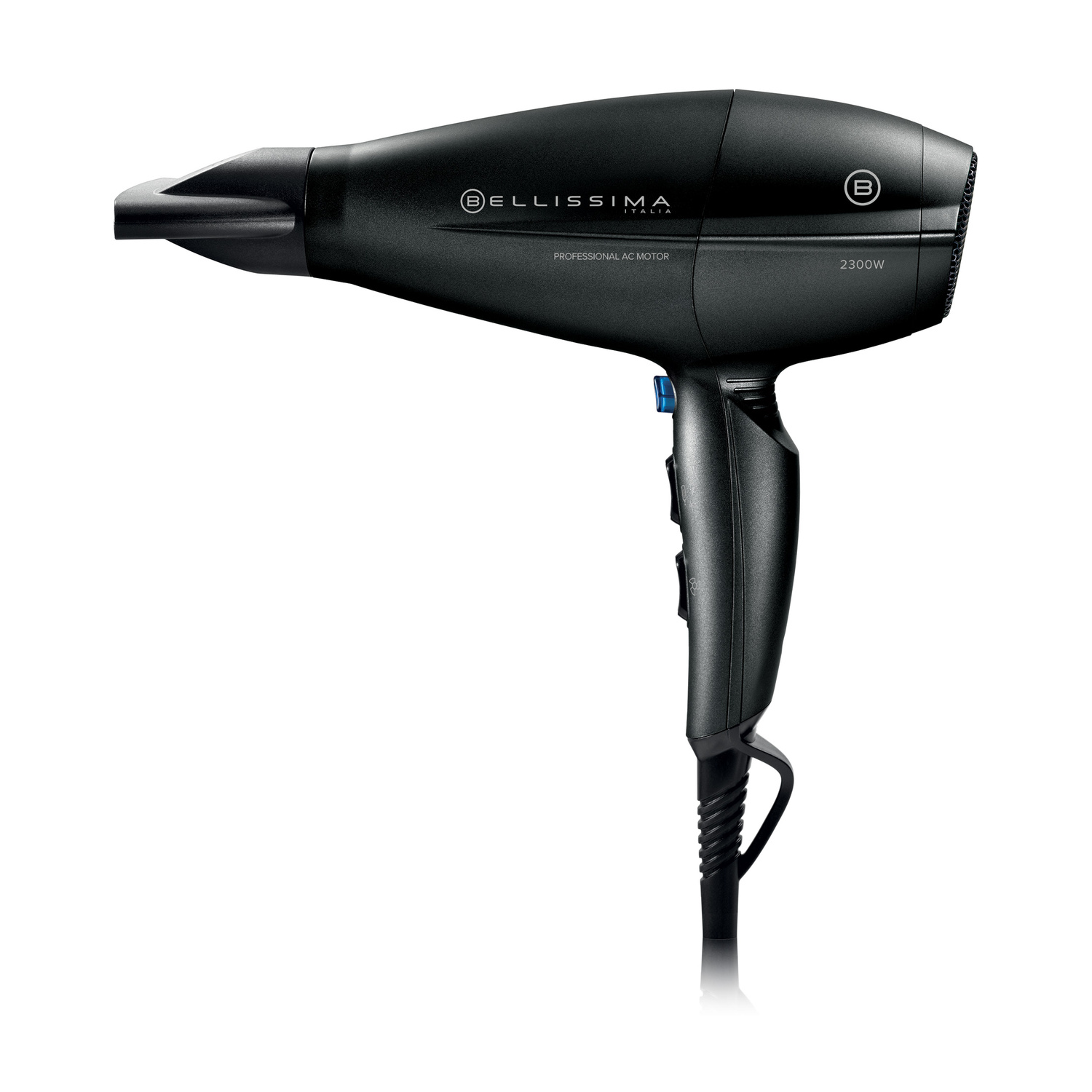 Un asciugacapelli nero con logo Bellissima e potenza 2300W.