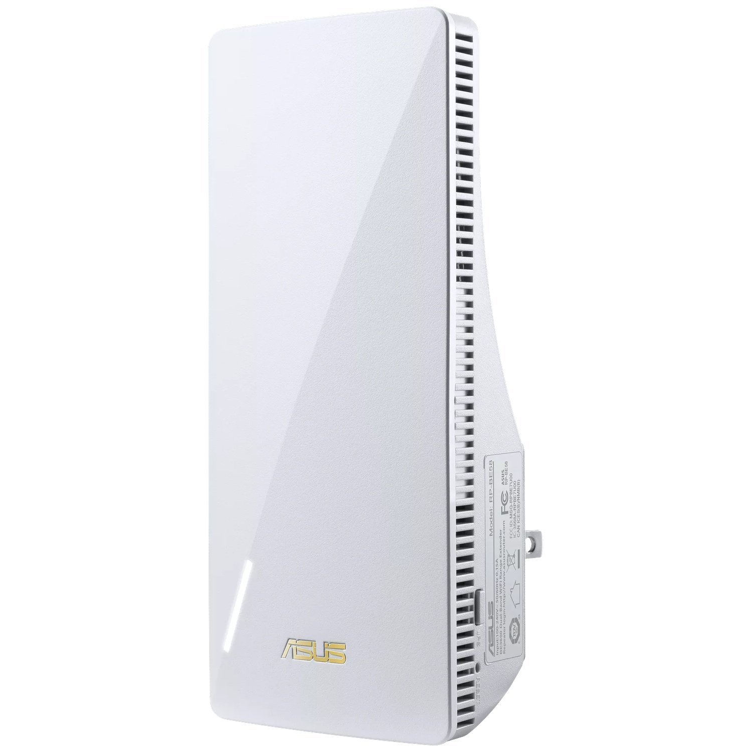White Asus RP-BE58 WiFi extender with gold logo and vents. Model details on the side.