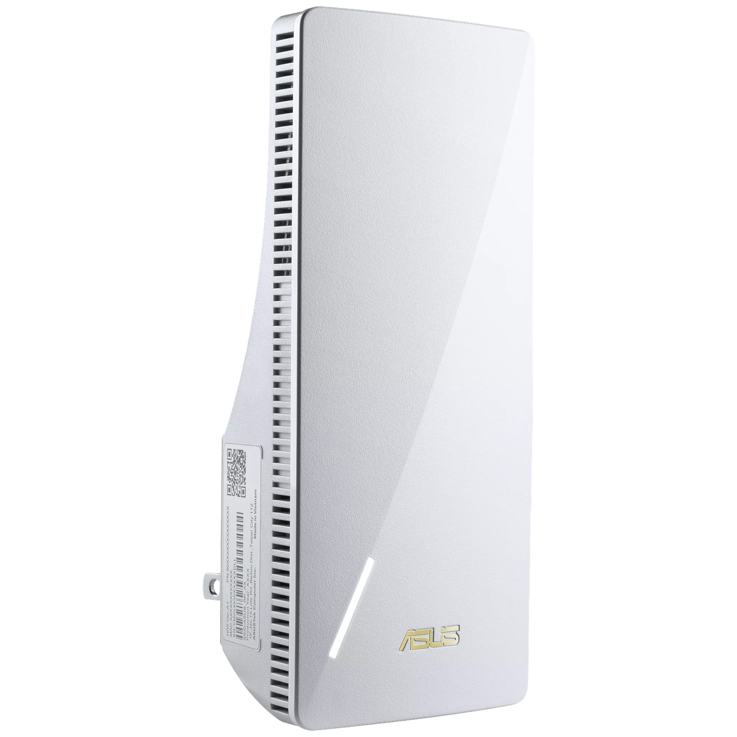 A white rectangular ASUS router is angled on a white background, showcasing side vents and a golden ASUS logo.
