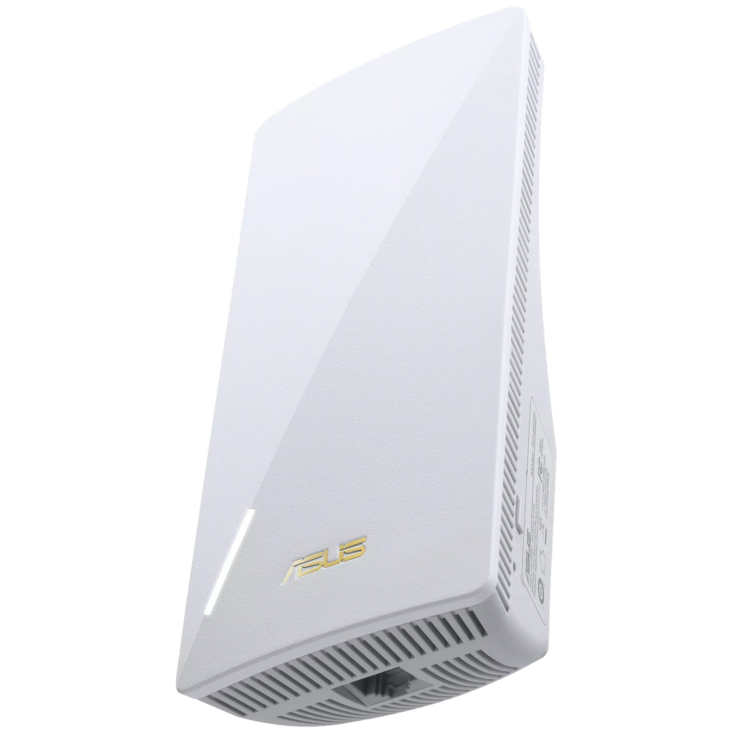 A white rectangular ASUS Wi-Fi range extender with a golden logo and a white indicator light, shown at an angle.