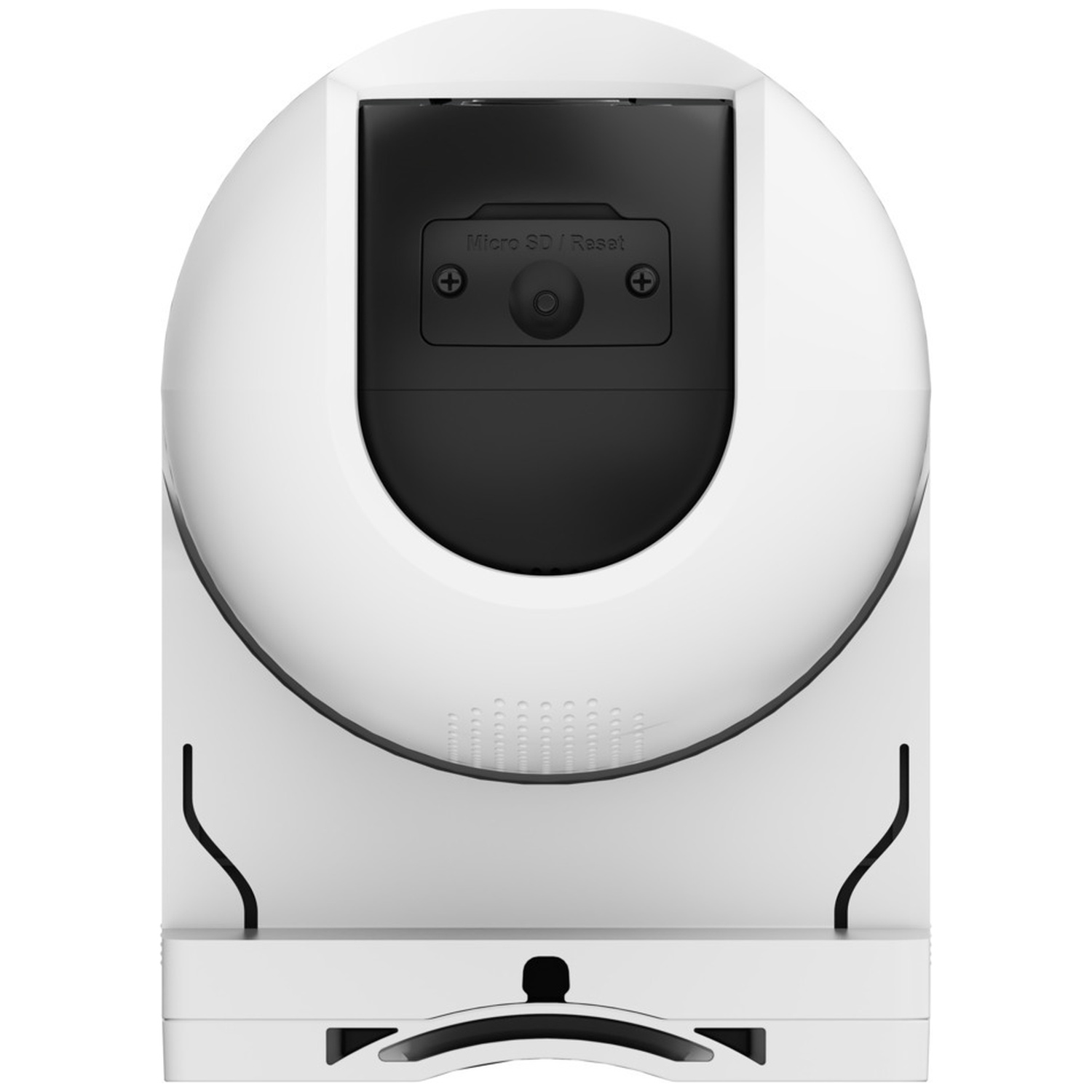 A white security camera with a black lens housing, showing a Micro SD/Reset slot at the top, against a white background.