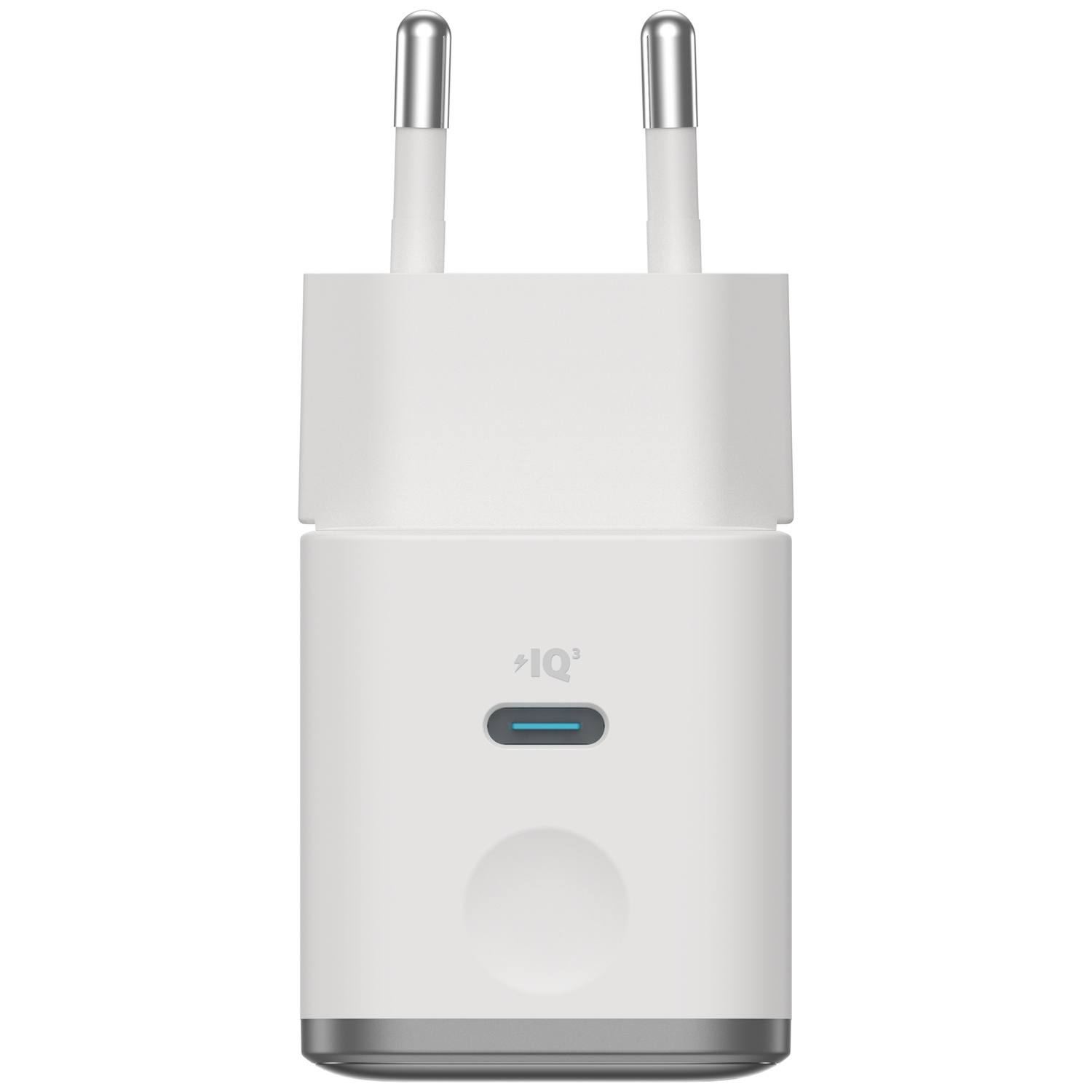 Un adaptateur secteur rectangulaire blanc avec deux broches argentées sur le dessus, un port USB-C bleu et une base grise.