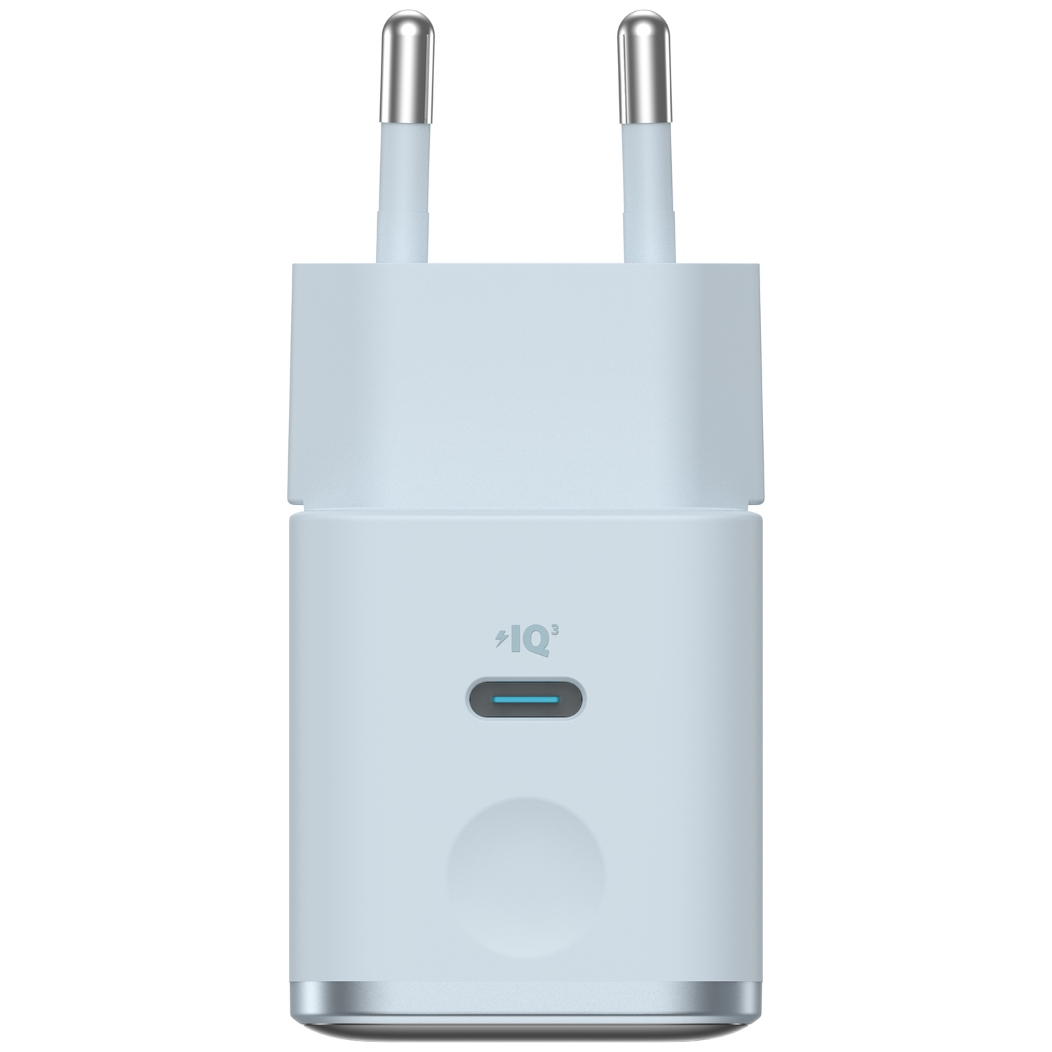 Un chargeur USB-C bleu clair avec deux broches argentées et un indicateur de charge bleu.