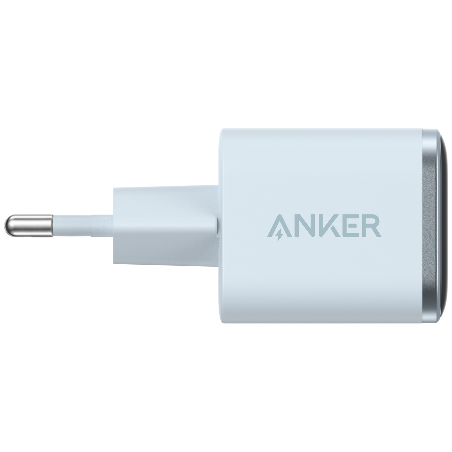 Un adaptateur secteur Anker blanc avec des accents argentés et une prise européenne.