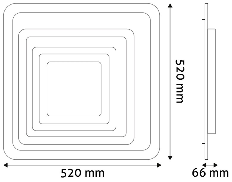 Négyzet alakú keret műszaki rajza, 520x520 mm széles, 66 mm mély.