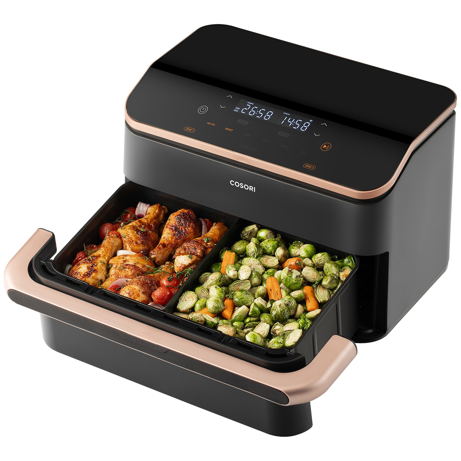 Friteuse à air double noire avec poulet rôti et légumes.