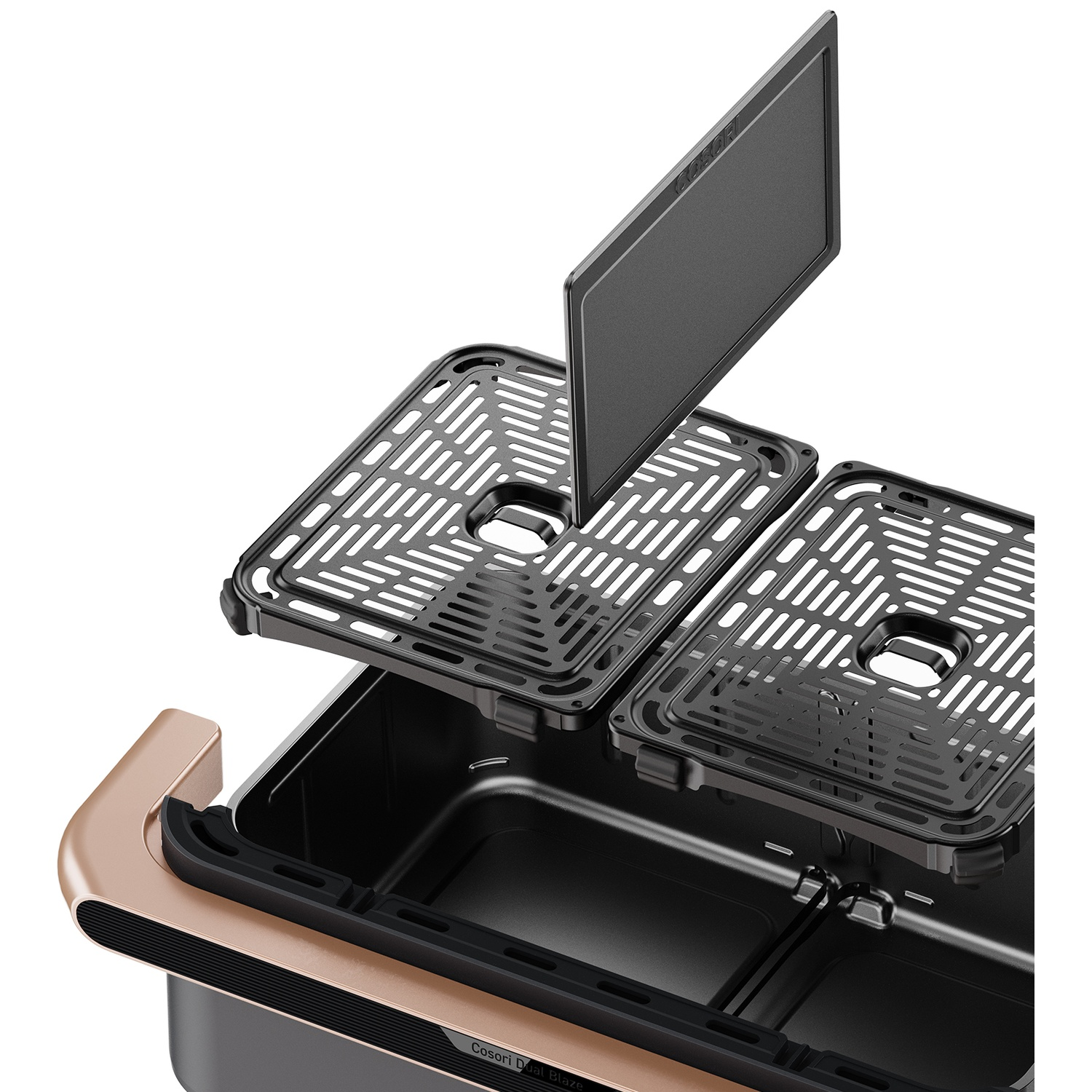 Friteuse à double panier avec deux grilles noires et une plaque.