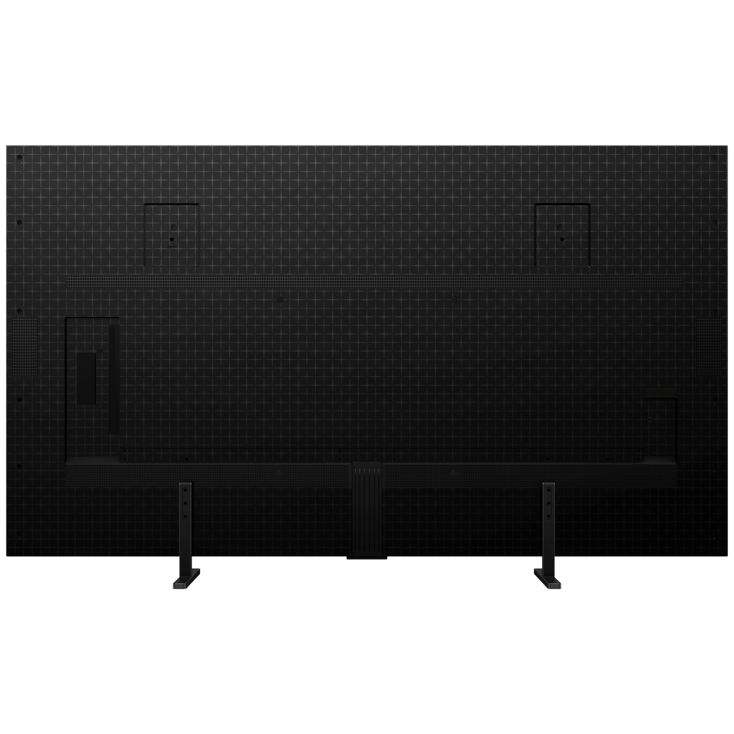 Dos d'un téléviseur noir à motif de grille avec deux pieds de support.