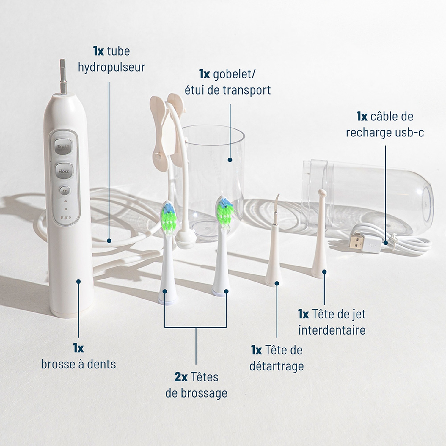 A white electric oral irrigator kit with accessories on a light background.